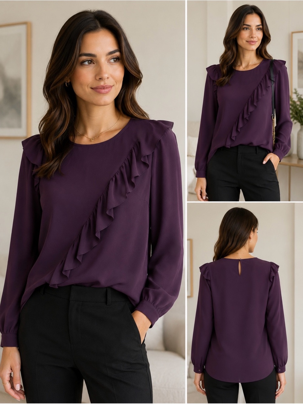 Halogen Purple Ruffle Detail Blouse Size Small